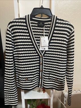 Anine Bing Gwen Black & White Striped Knit Cardigan